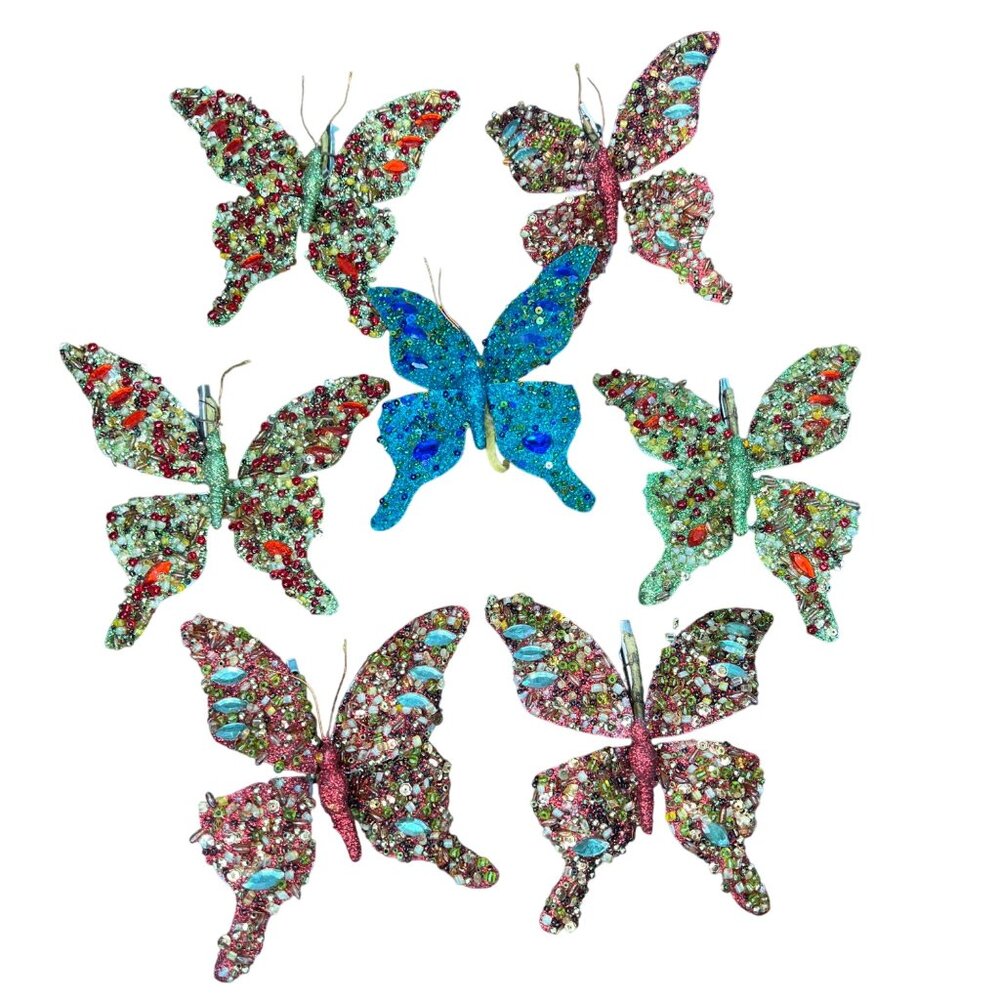 Vintage Handcrafted Beaded Butterfly Clip-On Ornaments Set Of 7 Wired Colorful